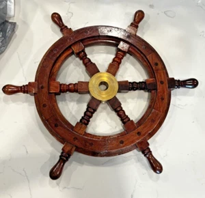 Nautical Boat Ship Wood And Brass Steering Wheel Wall Hanging 15 1/4" In Dia. - Picture 1 of 10