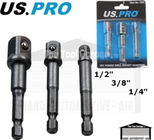 US PRO Tools 3pc Power Cordless Drill Socket Sockets Adapters, 1/2 3/8 1/4" 1363 - Picture 1 of 5