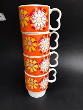 Vtg 70s Mugs 4 Stackable Heart Handle Mod Groovy Flowers Orange Yellow SI Japan