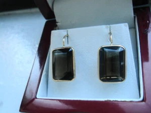 DESIGNER 14K  YELLOW GOLD SMOKE TOPAZ  RECTANGLE CUT EARRINGS NOT SCRAP - Picture 1 of 10