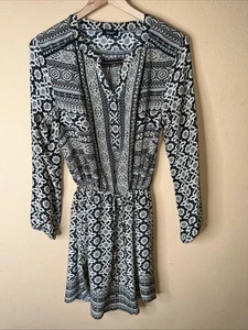 Tolani Tunic Dress Silk 3/4 Sleeve Drawstring Waist Black Beige Zen Sz M - Picture 1 of 10
