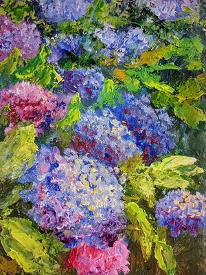 Hortensien blau Ölmalerei 15x20 cm Blumeninsel Mainau Ölgemälde auf Karton - Bild 1 von 4
