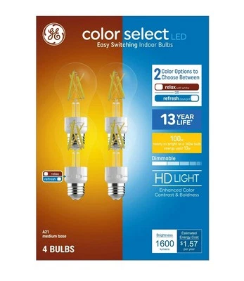 GE Color Select LED Light Bulbs, 100 Watt, A21 Bulbs, Medium Base, 4pk - Image 1 of 4