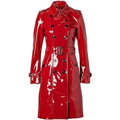 Women's New Red PVC Leather Leight Weight Vinyl Shinny Trench  Coat - Image 1 of 3