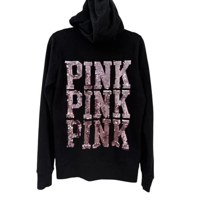 Victoria’s Secret PINK Full Zip Hoodie Black Sequin Logo Dog Graphic Women’s S - Image 1 of 4