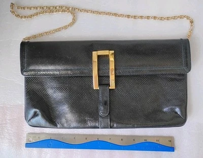 Vintage, VARON  Black Leather Snake Clutch/Shoulder Bag, w/Gold Buckle & Chain - Image 1 of 4