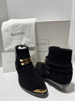 全新带盒 Balmain US 7 EU 37.5 西部麂皮绒皮革黑色踝靴金色 HW 短靴 — 第 1/4 张图片