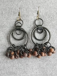 Statement, Big Dangle Earrings. Wooden Beads - Picture 1 of 8