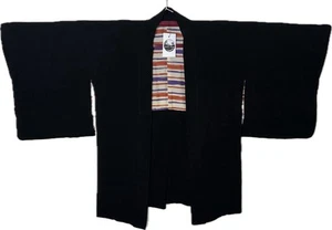 Japanese Black Silk Haori with Mon & Bold Striped Lining, Vintage Handmade - Picture 1 of 6