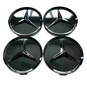 All Jet Black Star Gloss Center Caps for Mercedes Wheel Set 4 pcs - Picture 1 of 9