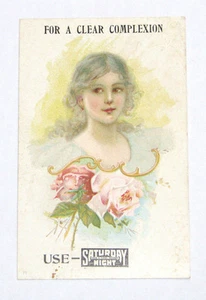 Viktorianische Sammelkarte SAMSTAG NACHT einmal pro Woche Teint Heilmittel Station Medikament  - Bild 1 von 2