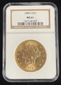 1888-S $20 Gold Double Eagle Type 2,  NGC  MS-61, Lower Mintage Semi-Key Date - Picture 1 of 5