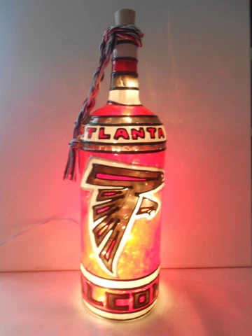 Atlanta Falcons Inspired Bottle Lamp Lighted Hand painted Stained Glass Look Cover