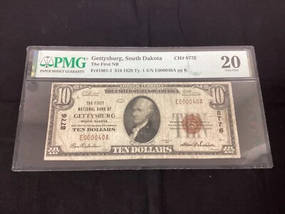 1929 $10 Brown Seal National Bank Note - Gettysburg, SD - Fr#1801-1, PMG 20 VF - Image 1 of 4