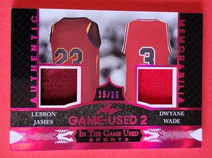 LEBRON JAMES GAME USED JERSEY CARD #d15/15 DWYANE WADE 2024 LEAF LAKERS HEAT - Picture 1 of 2