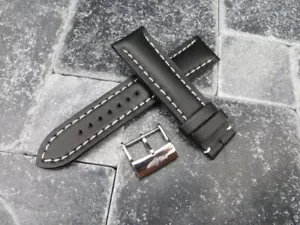 24mm CALF Leather Strap Black Watch Band with OEM BREITLING Tang Buckle White A - Picture 1 of 6