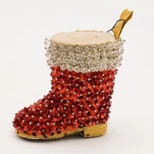 Vintage Weihnachtsmann Stiefel Stecknadel Weihnachtsschmuck Pailletten Perlen Handarbeit - Bild 1 von 9