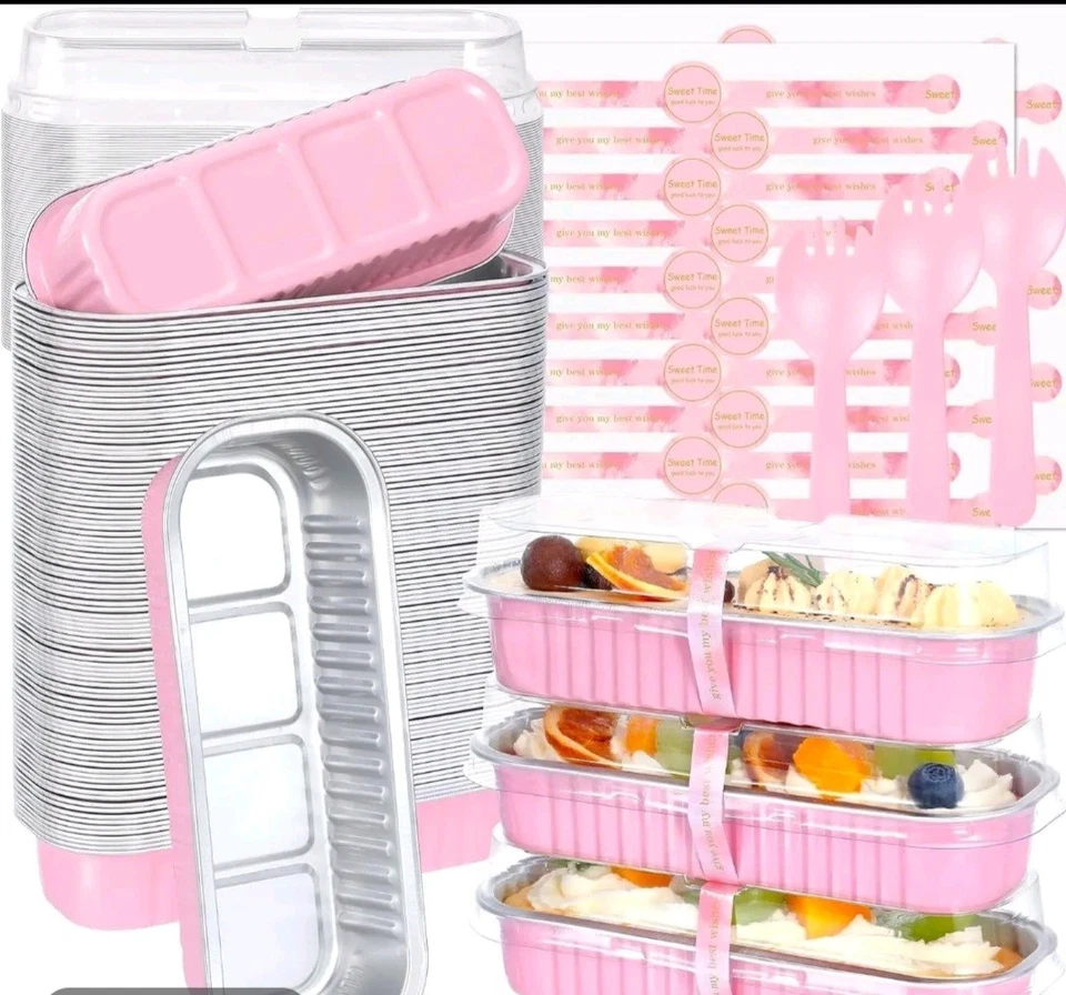 50Set Mini Loaf Cake Cases 200ML,Mini Loaf Tins with Lids and Spoons Aluminum F - Image 1 of 4