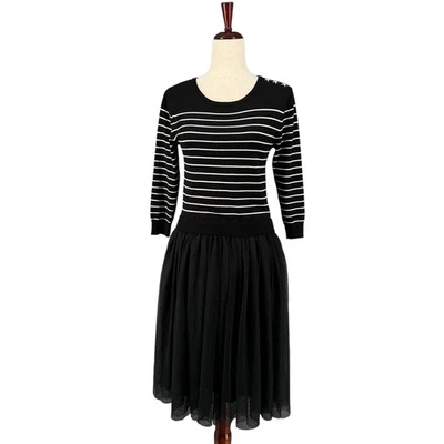 Modcloth Flaunt Where You Want Twofer Dress M Black White Stripe Sweater Tulle - Image 1 of 4