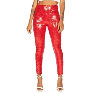 Tipsy Elves Red Sequin Shiny Party Holiday Christmas High Waisted Leggings NEW!! - Picture 1 of 8