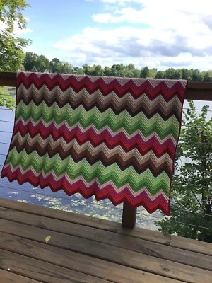 复古手工雪佛龙 Ripple Zig Zag 钩针编织阿富汗毯 — 第 1/4 张图片