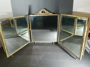 Victorian Brass Triptych beveled Mirror hang or dresser top, celluloid back - Picture 1 of 11