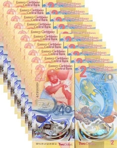 East Caribbean 2 Dollars 2023 2024 40th P 61 Polymer UNC LOT 10 Pcs NR - Picture 1 of 3