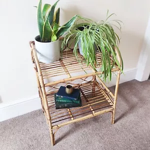70s Bamboo Cane Shelving Unit Two Tier Boho Side Table Freestanding Plant Stand - Picture 1 of 10