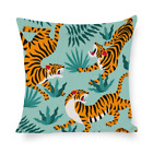 Chinese Tigers Oriental Teal Green Aqua Palm Leaf Cats | Linen Throw Cushion