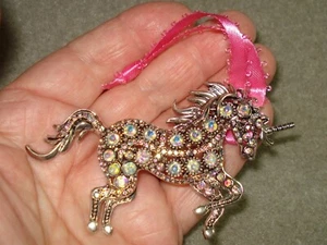 5" Drop Rhinestone Bejeweled Silver-Plated Unicorn Christmas Ornament - Picture 1 of 6