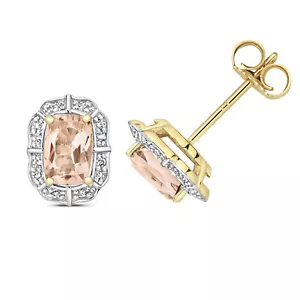 9k Gold Women Diamond Stud Earrings 0.07 Carat with Morganite - 10mm*7mm 234462U - Picture 1 of 1