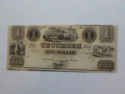 Currency Note 1800s 1 Dollar Bill The Tecumseh Bank Michigan Paper Money Note  - Image 1 of 2
