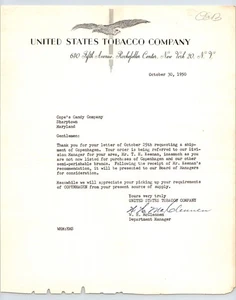 United States Tobacco Company Ciudad de Nueva York 1950 membrete 8,5" x 11" - Imagen 1 de 2