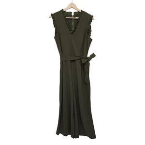 Calvin Klein Green Wide Leg Jumpsuit Size 16 Ruffle V Neck Belted Sleeveless - Picture 1 of 9