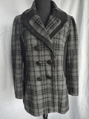 Abrigo Guess Mezcla Lana Guisante Talla XL Negro Gris Cuadros Doble Pecho Plisado Bolsillos Foto 1 de 4