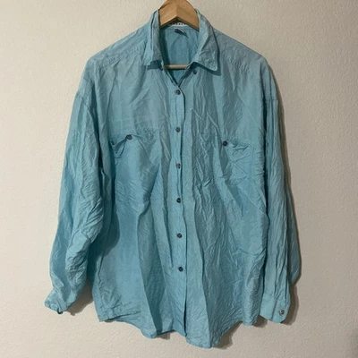 Express 复古 90 年代纽扣衬衫 100% 真丝浅蓝色口袋男式 S 宽鬆版型 — 第 1/4 张图片