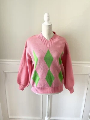 Suéter Missguided Rosa y Verde Argyle Cuello en V Nuevo con Etiquetas Talla 6 Foto 1 de 4