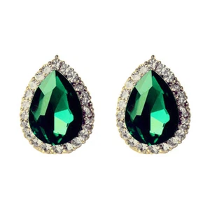 Non-Pierced Gold Plated Green Crystal Large Teardrop Stud Style Clip On Earrings - Picture 1 of 4