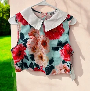 NWT Unique Vintage Size M(6-8) Peter Pan Collar Floral crop top Rose retro - Picture 1 of 7