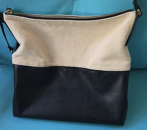 Fossil Beige Canvas & Black Faux Leather Crossbody Bag with Skeleton Key - Picture 1 of 9
