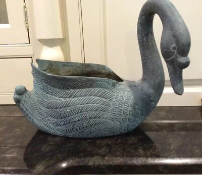Vtg Bronze Swan Planter Verdigris Patina 1990 Claire Burke New York 14x12x5 - Image 1 of 4