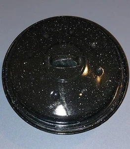 Vintage Enamelware 9.75" Round 2 QT Cook Pot Black & White Speckled w/ Lid Cover - Picture 1 of 10