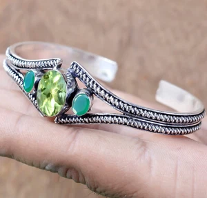 Faceted Peridot & Green Onyx Gemstone 925 Sterling Silver Big Bracelet For Her - Picture 1 of 7