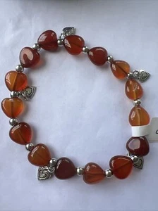 Orange Heart Beaded Bracelet, W/ Silver Heart Beads, 6.5inches, Fashion, Womens - Bild 1 von 3