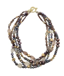 18K Yellow Gold Multistrand Cultured Pearl, Smoky Quartz & Moonstone Necklace - Picture 1 of 5