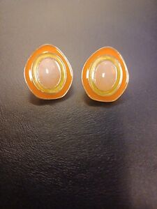 Silver Tone Orange Enamel Vintage Joan Rivers Pierced Earrings