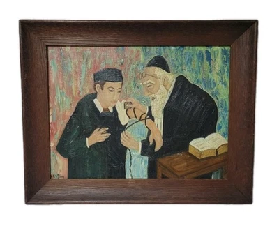 Pintura judía Bar Mitzvá óleo sobre lienzo firmada por P. Levton Tefilín arte judaica Foto 1 de 4