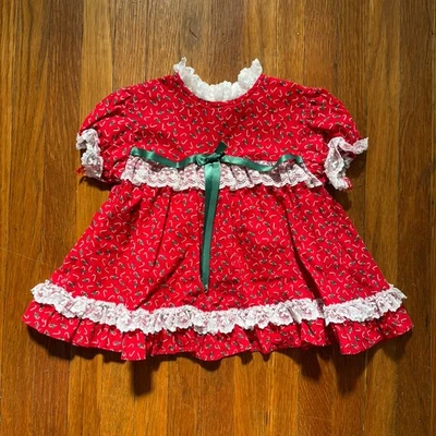 Vintage Girls Christmas Dress Candy Canes Ruffles Apron Back Size 24 Months  - Image 1 of 4