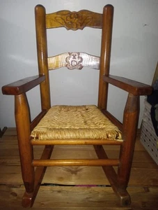 Vintage Child's Rocking Chair W/ Hand Carved Bear & Bunny - Picture 1 of 8