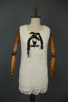 LANVIN White Floral Mesh Sleeveless Lace-Up Front Pullover Tank Dress Size M - Image 1 of 4
